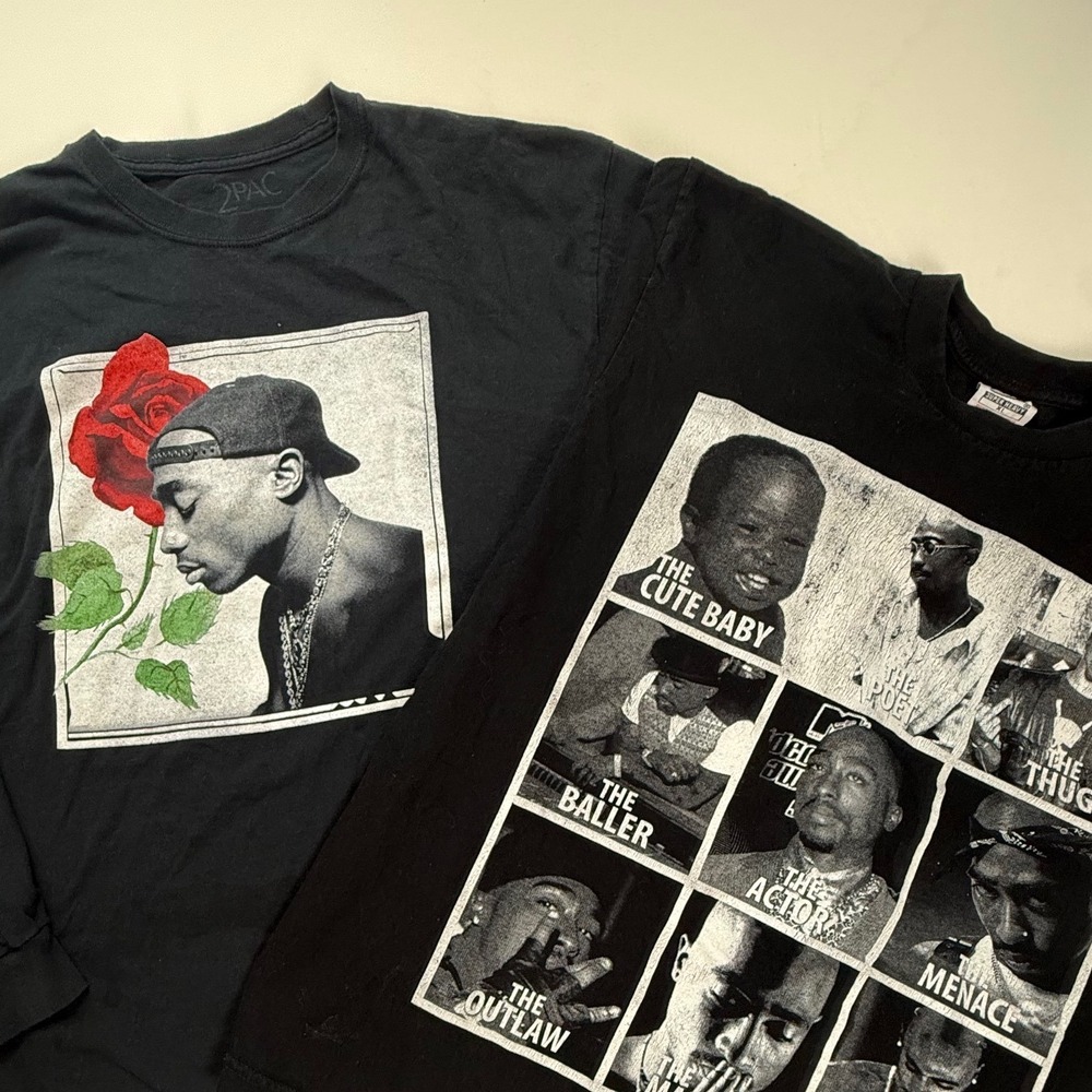 2Pac Tupac Shakur Graphic T-Shirt Bundle Mens XL Long Sleeve Rose‎ Grid 2 Pack